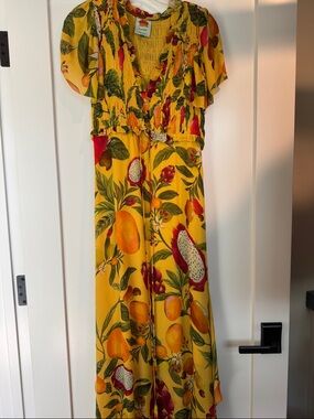 FARM Rio Yellow Tropical Fruit Maxi Dress with Green Leaf Print
